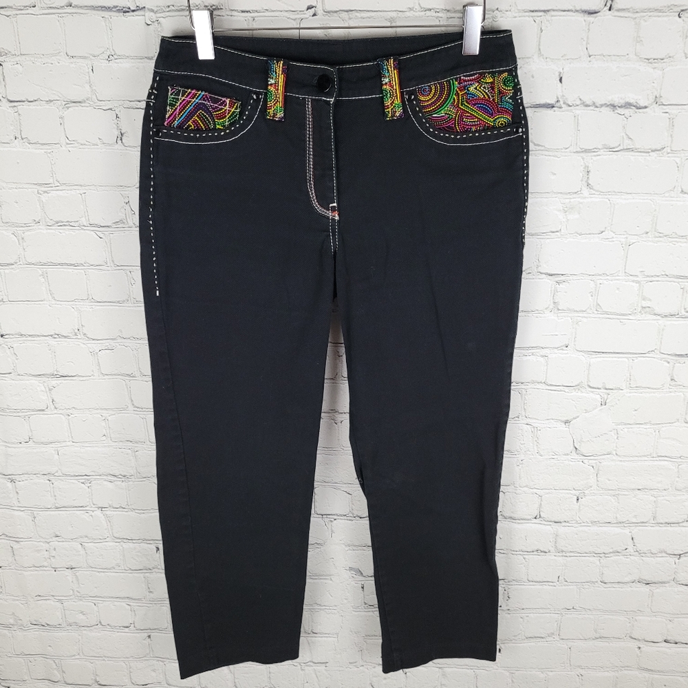 BIANCA NYGARD | embroidered detail black crop denim stretch jeans